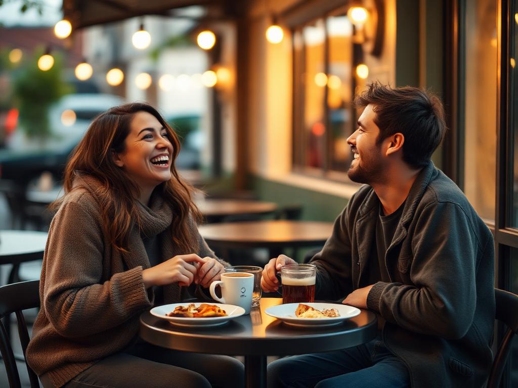 Two friends laughing together over food and drinks at a cozy outdoor cafe