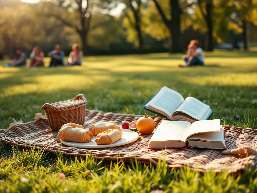 A sunny picnic in the park with pastries, fruit, and an open book