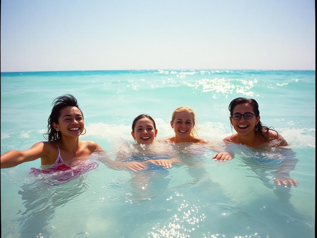 Friends laughing while swimming together in the bright blue sea