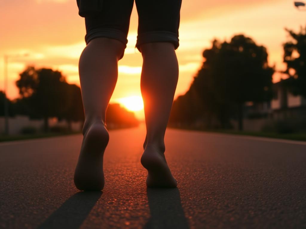 Bare feet walking down a quiet road toward a glowing sunset